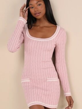 Lulu's Pink Cable Knit Scoop Neck Mini Dress